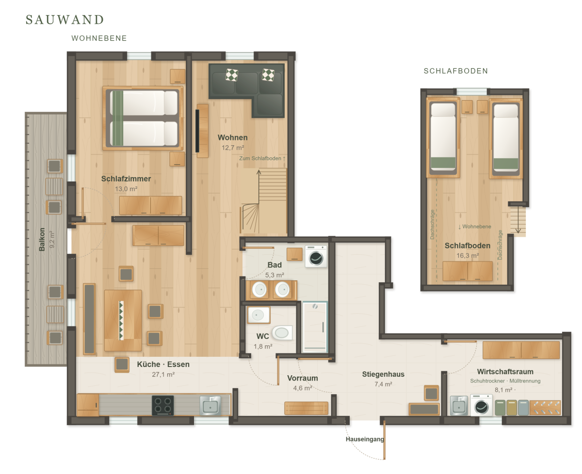 Grundriss der Ferienwohnung Sauwand mit Schlafzimmer, Schlafboden, Küche und Essplatz, Wohnzimmer, Bad, separatem WC und Balkon.