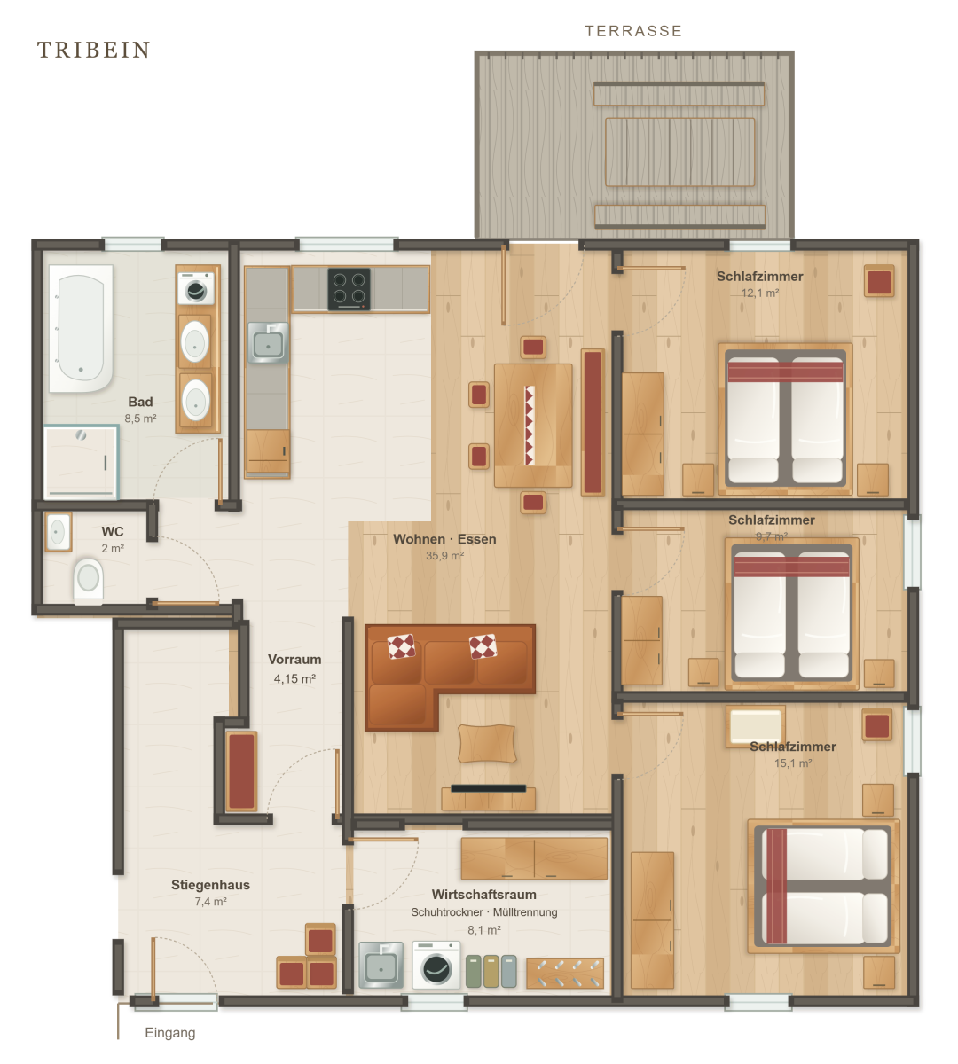 Grundriss der Ferienwohnung Tribein mit drei Schlafzimmern, Wohnküche, Bad, separatem WC und Terrasse.